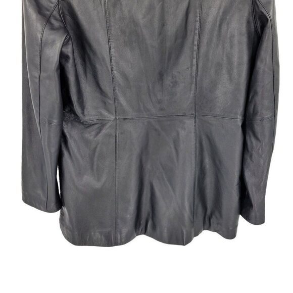 Vintage 80s Leather Jacket L Black Blazer Single Breasted Button Down Sleek - Picture 9 of 13